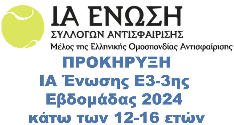 Προκήρυξη ΙΑ Ένωσης Ε3-3ης Εβδομάδας 2024 κάτω των 12-16 ετών